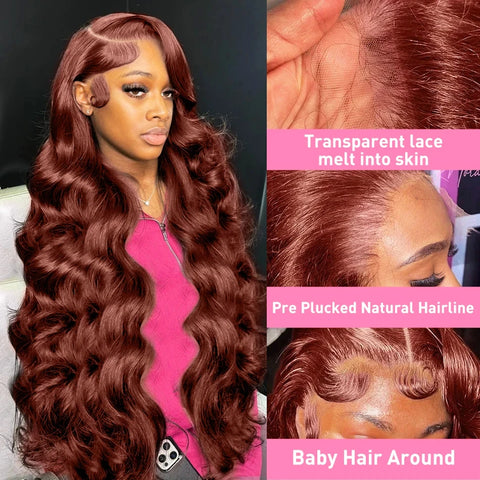 Reddish Brown 13x4 Hd Lace Front Wigs Human Hair Pre Plucked 180% Density Body Wave Red Colored Lace Frontal Human Hair Wigs