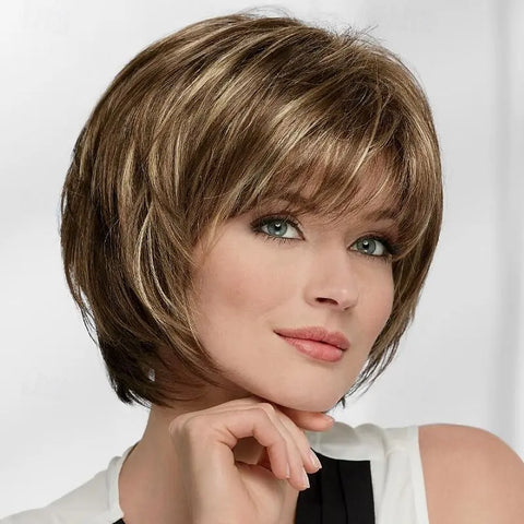 HAIRJOY Synthetic Hair Short Straight Wigs for White Women Mixed Brown  Wigs with Bangs  Wig Short Hair Wigs