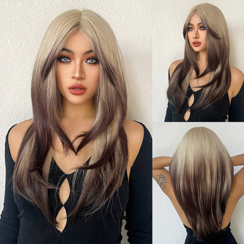 Straight Layered Synthetic Wigs Purple Black Ombre Wig with Bangs Middle Length Colored Cosplay Wig for Women Heat Resistant Wig