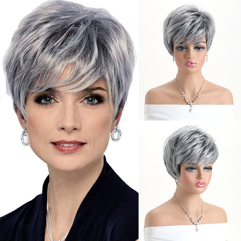 Short Natural Wigs with Bangs Soft Mommy Hair Daily Use Short  Grey Ombre Curly Synthetic Hair Costume Party Wig for Women