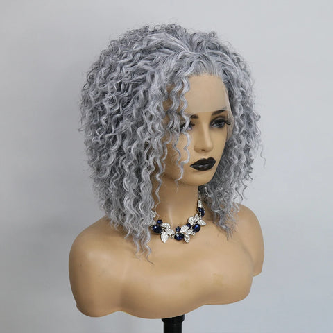 Salt and Pepper Grey Synthetic Lace Front Wig Heat Resistant  Drag Queen180Density Kinky Curly Short Bob  Wigs for Women Cosplay