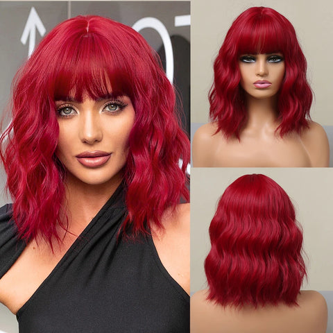 Light Pink Short Wavy Synthetic Hair Wigs with Bangs Cosplay Natural Shoulder Length Bob Wig For Women Afro Heat Resistant Fiber