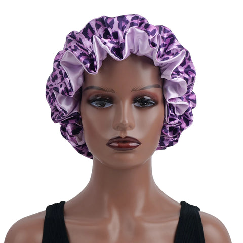 1PC Hair Bonnet Printed Leopard Double Layer Satin Splicing Hair Bonnet For Sleeping For Curly And Straight Hair