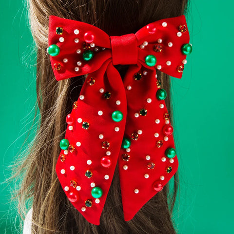 Christmas Bow Hairpin with Pearls - Festive Rhinestone Hair Clip for Women Holiday Party Hair Accessories