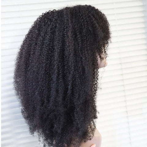 Afro Kinky Curly Virgin Brazilian Human Hair Machine Made Sew Wig with Bang  Curls Human Hair Wig for Black Women