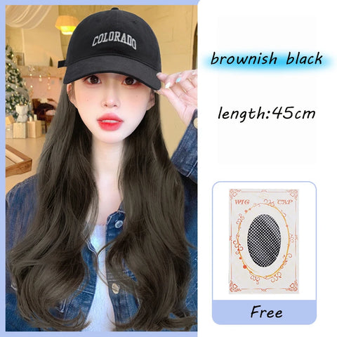 Long Wavy Synthetic Wig Baseball Rice Black Cap With Hair Extensions Hat Wigs Natural Black Connect Wig Adjustable For Women