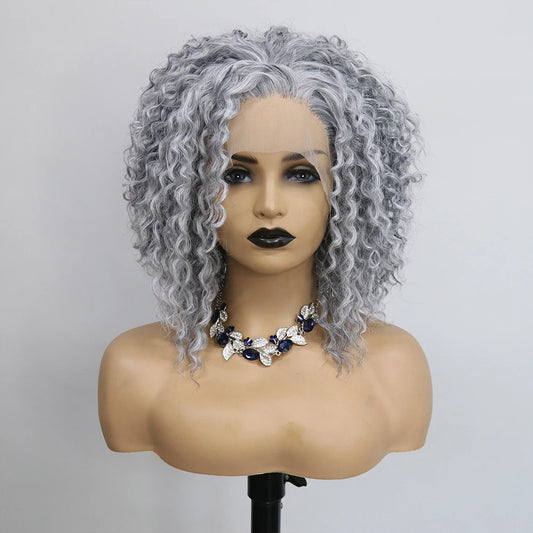 Salt and Pepper Grey Synthetic Lace Front Wig Heat Resistant  Drag Queen180Density Kinky Curly Short Bob  Wigs for Women Cosplay