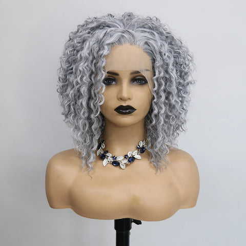 Salt and Pepper Grey Synthetic Lace Front Wig Heat Resistant  Drag Queen180Density Kinky Curly Short Bob  Wigs for Women Cosplay