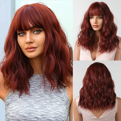 Light Pink Short Wavy Synthetic Hair Wigs with Bangs Cosplay Natural Shoulder Length Bob Wig For Women Afro Heat Resistant Fiber