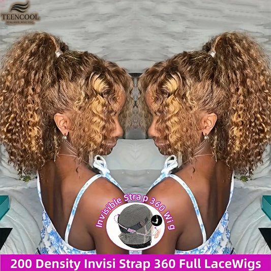 Deep Wave Highlight Ombre Invisi Strap 360 Full Hd Lace Frontal Wig 200 Density 427 Honey Blonde Curly Wig for Women 30 Inch
