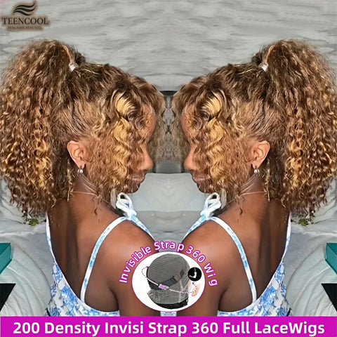 Deep Wave Highlight Ombre Invisi Strap 360 Full Hd Lace Frontal Wig 200 Density 427 Honey Blonde Curly Wig for Women 30 Inch