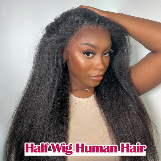 3 In 1 Half Wig Human Hair With Drawstring Kinky Straight Half Wig Ready To Go Comfortable Fit No Glue Needed  Natural Hairline