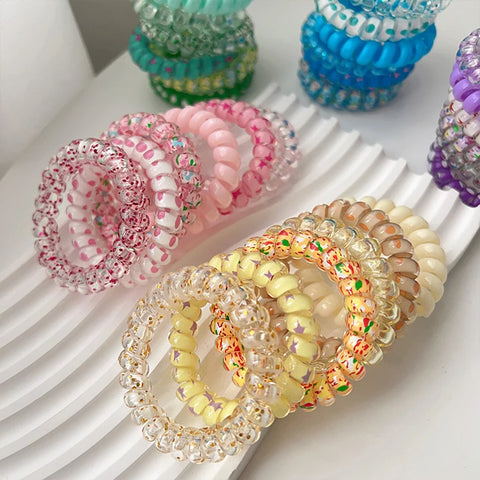 AWAYTR 6pcs Cute and Colorful Spiral Hair Ties Resin Jelly Coil Hair Rings for Women and Girls Ponytail Holders Hair Accessories