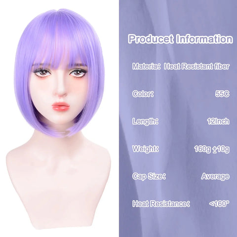Short, light purple bob hairstyle synthetic wig for Halloween party cosplay wig, daily high-temperature hair accessory wig set
