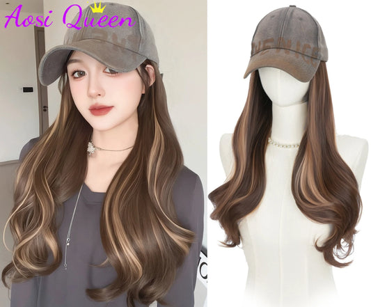 AOSI Long Wavy Wig Synthetic Wig Vintage Cowboy Hat Extensions Hat Wigs Cold Brown Adjustable Hairpiece for Women
