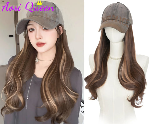 AOSI Long Wavy Wig Synthetic Wig Vintage Cowboy Hat Extensions Hat Wigs Cold Brown Adjustable Hairpiece for Women
