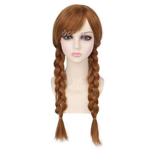 Synthetic Long Braided Brown Wigs with Bangs for Girls Anna Princess Wig Anime Cosplay Briad Wig for Halloween Christmas Party