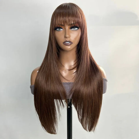 Chocolate Brown Layered Straight Wigs with Bangs Synthetic Layered Cut 3X1 Lace Glueless Wig 4# Brown Color 180% Density