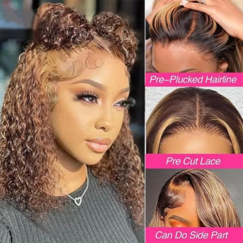 Deep Wave Bob Wig Human Hair Glueless Highlight 5x5 HD Lace Front 220% Density 4/27 Colored Ombre Wear and Go Human Hair Wigs