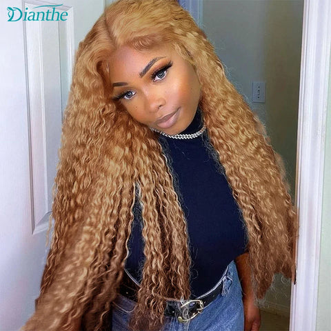 Brazilian Human Hair Wig 4x4 Transparent Lace Closure Honey Blonde Curly Pre Plucked Wigs for Women  Hair Extension 180% Density