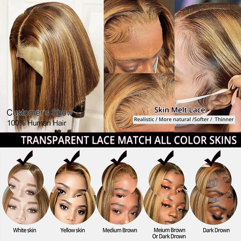Highlight Ombre Bob Wig Human Hair Straight 4/27 Honey Blonde Bob Lace Front Wigs Human Hair 13x4 Lace Front Bob Wigs Short Bob