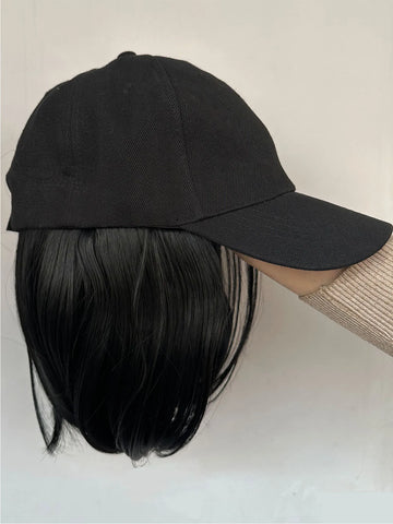 Hat Wigs Synthetic Short Bob Straight Wig With Black Baseball Cap Adjustable Hat Wigs Straight Hair Extensions For Women Fashion