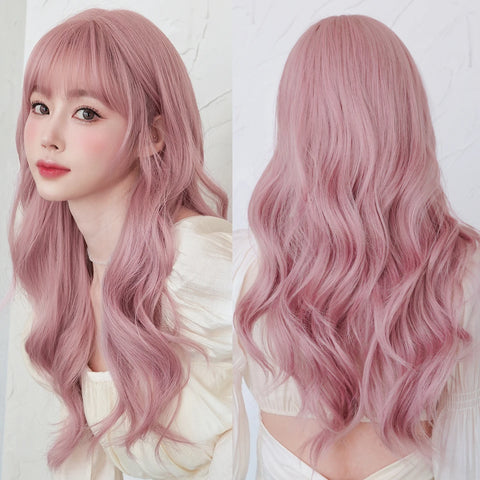7JHH WIGS Long Wavy Pink Wigs for Women Daily Party Costume Synthetic Hair Wig with Bangs Halloween Costume Carnival Lolita Wig