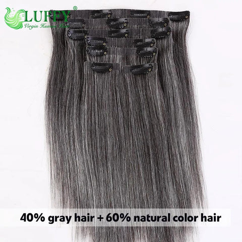 Salt Pepper Seamless PU Clip In Hair Extensions Straight Human Hair Skin Weft Gray Hair Color Clip Ins Human Hair For Women