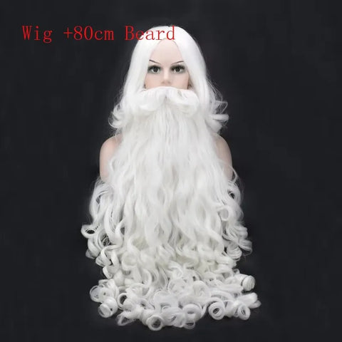 Christmas Cosplay Wig Beard Santa Claus White Curly Long Synthetic Hair Adult Halloween Cosplay Costume Gift Role Play +Wig Cap
