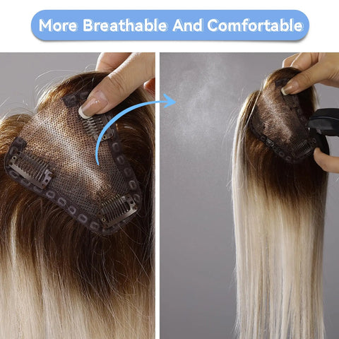 Ash Gray Brown 100% Remy Human Hair Toppers Clips In Hair Lace Base Topper Hairpieces for Women Hair Extensions 12 Inch Straight