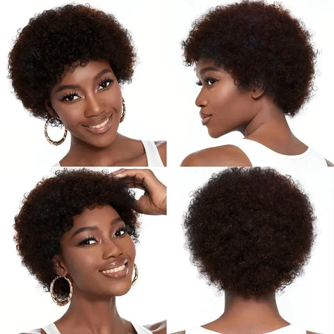 #4 Brown Afro Curly Bob Human Hair Wigs With Bangs For Women Remy Brazilian Kinky Curly Wigs No Lace Full Machine Made Wig