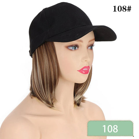 Black Baseball Cap with Hair Extensions Synthetic Straight Short Bob Hairstyle Adjustable Hat Wig for Women Girl Ash Blonde
