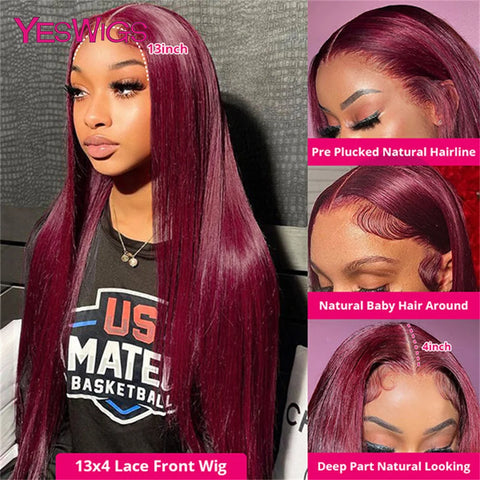 13x6 Glueless Burgundy 99J Lace Front Wig Pre Plucked Brazilian Bleached Red Colored Straight Lace Frontal Wig 100% Human Hair