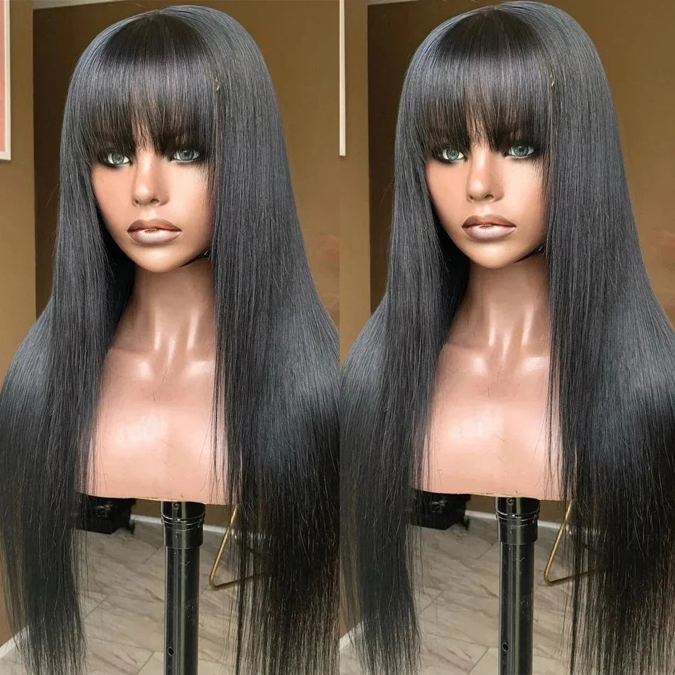 30 32 Human Hair Wig with Bangs Raw Indian Straight Human Hair Fringe Wigs 18-32Inch 180 Density Straight Human Wigs For Women
