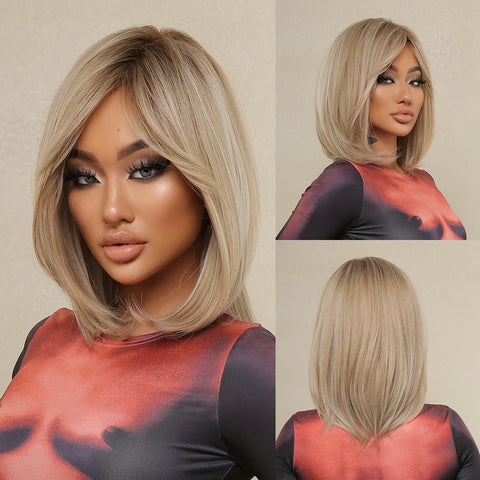 LOUIS FERRE Short Blonde Bob Synthetic Wigs With Dark Root Shoulder Length Blonde Straight Wig Mixed White Hair High Temperature