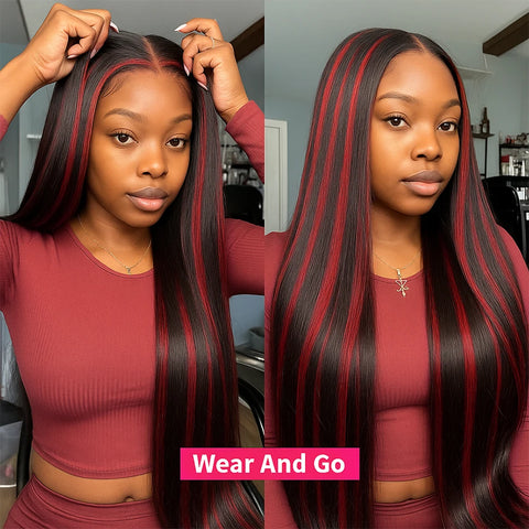 200% Upgraded 1B/99J Black With Red Bone Straight 5x5 Highlight Wig Human Hair Brazilian Burgundy Colored Glueless Wig For Women