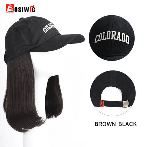 Long Wavy Synthetic Wig Baseball Rice White Cap With Hair Extensions Hat Wigs Natural Black Connect Wig Adjustable For Women