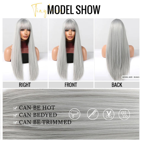 Long Straight Silver Ash Gray Synthetic Wigs Lolita Cosplay Natural Hair with Bangs for White Women Party Daily Heat Resistant