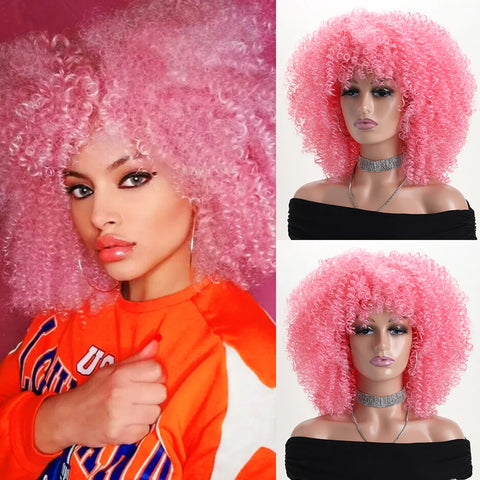 16 Inch Afro Kinky Curly Hair Wigs With Bangs Soft Fluffy Synthetic Fiber None Lace Wigs For Party Cosplay Daily Use