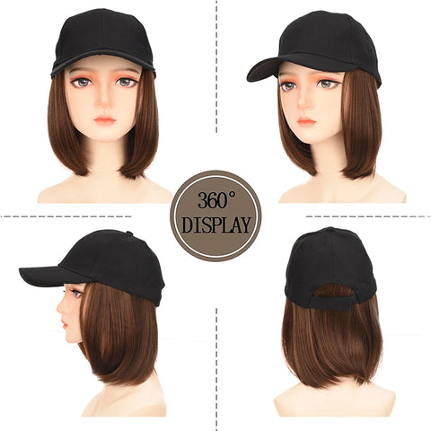 Black Baseball Cap with Hair Extensions Synthetic Straight Short Bob Hairstyle Adjustable Hat Wig for Women Girl Ash Blonde