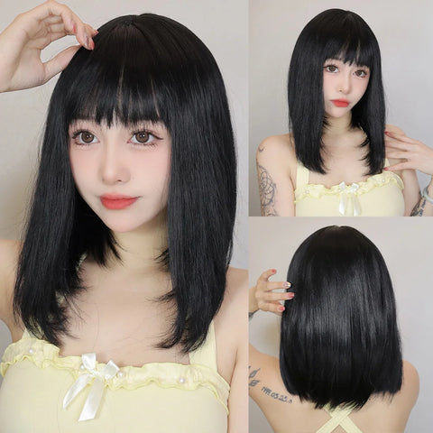 Light Brown Synthetic Wigs Straight Short Bob Cut with Bangs Wig for White Women Korean Daily Party Cosplay Heat Resistant Hair