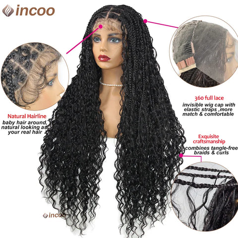 Boho Box Braided Wigs Curly Hair Synthetic Full Lace Front Wigs for Black Women Goddess Locs Braid Wig Bohemian Box Braid Wig