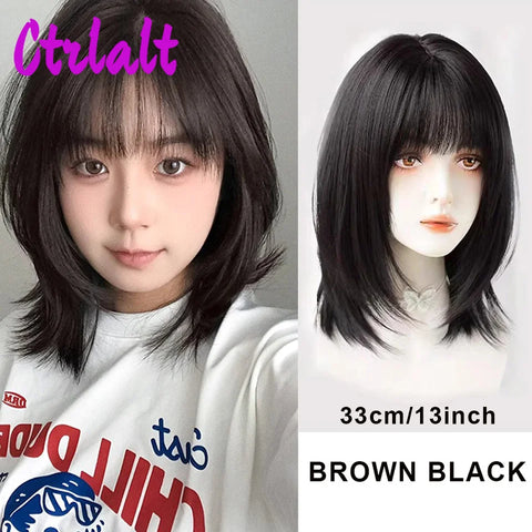 Shoulder Black Brown Layered Synthetic Natural Hair Wigs For Women Body Wave Daily Women's Wig with Curtain Bangs Heat Resistant