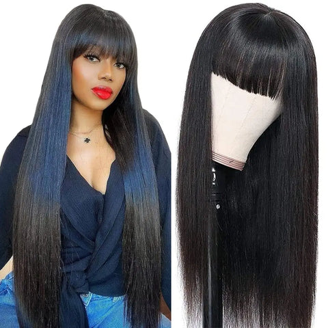 Straight Human Hair Wigs With Bangs Full Machine Made Wig Cheap Brazilian Hair Wigs Short Bob Wigs 250 Density Wigs