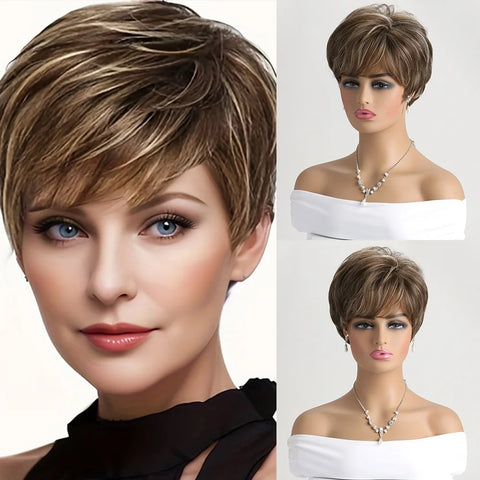 Short Natural Wigs with Bangs Soft Mommy Hair Daily Use Short  Grey Ombre Curly Synthetic Hair Costume Party Wig for Women