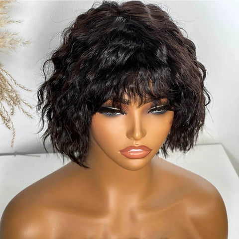 Water Wavy Short BoB Human Hair Wigs Pixie Cut 13x4 Lace Front Wigs with Bangs Pre Plucked Brazilian Hair Curly Wig for Women