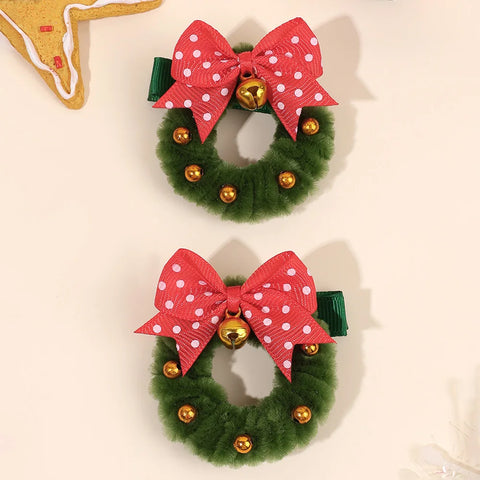 2Pcs Christmas Wreath Hair Clips With Bell Polka Dot Bow Hairpins Fluffy Barrette For Girls Christmas New Year Hair Accessories