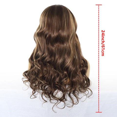 Brown Blonde Highlight Natural Wavy 13x3 Synthetic Lace Front Wigs for Women 26 Inch Long Body Wave Lace Frontal Wig Daily Use