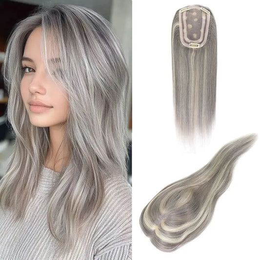 14Inch Grey Highlight Mono With PU Human Hair Toppers Hair Pieces For Women Hair Clips In Toppers Extensions For Women Toupee