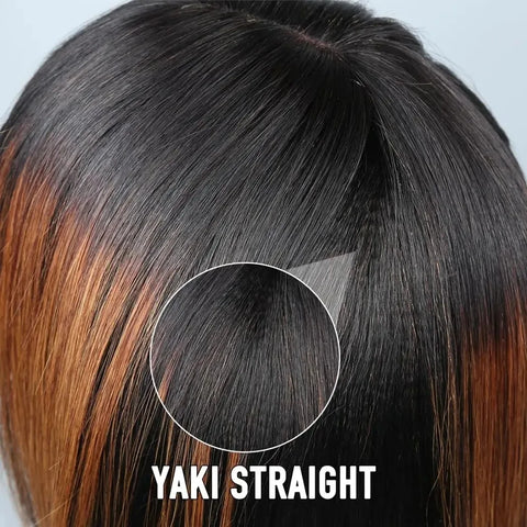 Put On and Go Realistic Yaki Straight Short Bob with Bangs Minimalist 3X1 Lace Wig 100% Human Hair Brown Highlight For Women